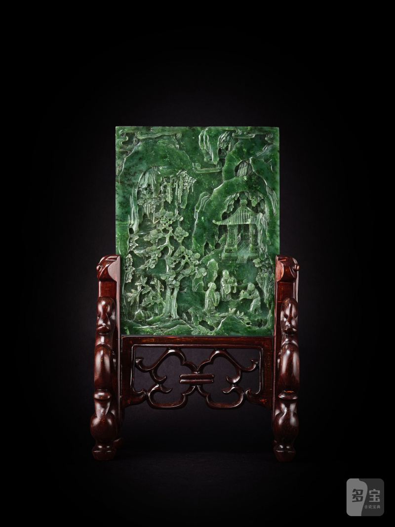 清十九世紀　碧玉人物仙家祝壽圖插屏一對 | A PAIR OF SPINACH GREEN JADE 'FIGURES IN LANDSCAPE' PANELS - 图2